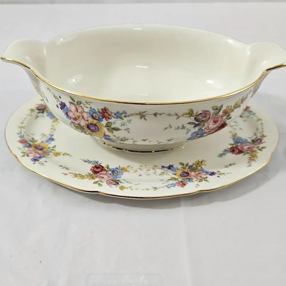 Imperial Bohemian Fine China Floral Print Gravy Boat w/Underplate Czechoslovakia